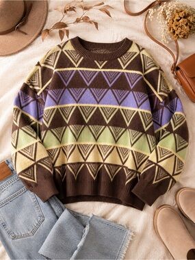 Brown Geometric Knit Sweater Retro Oversized Cozy Crewneck